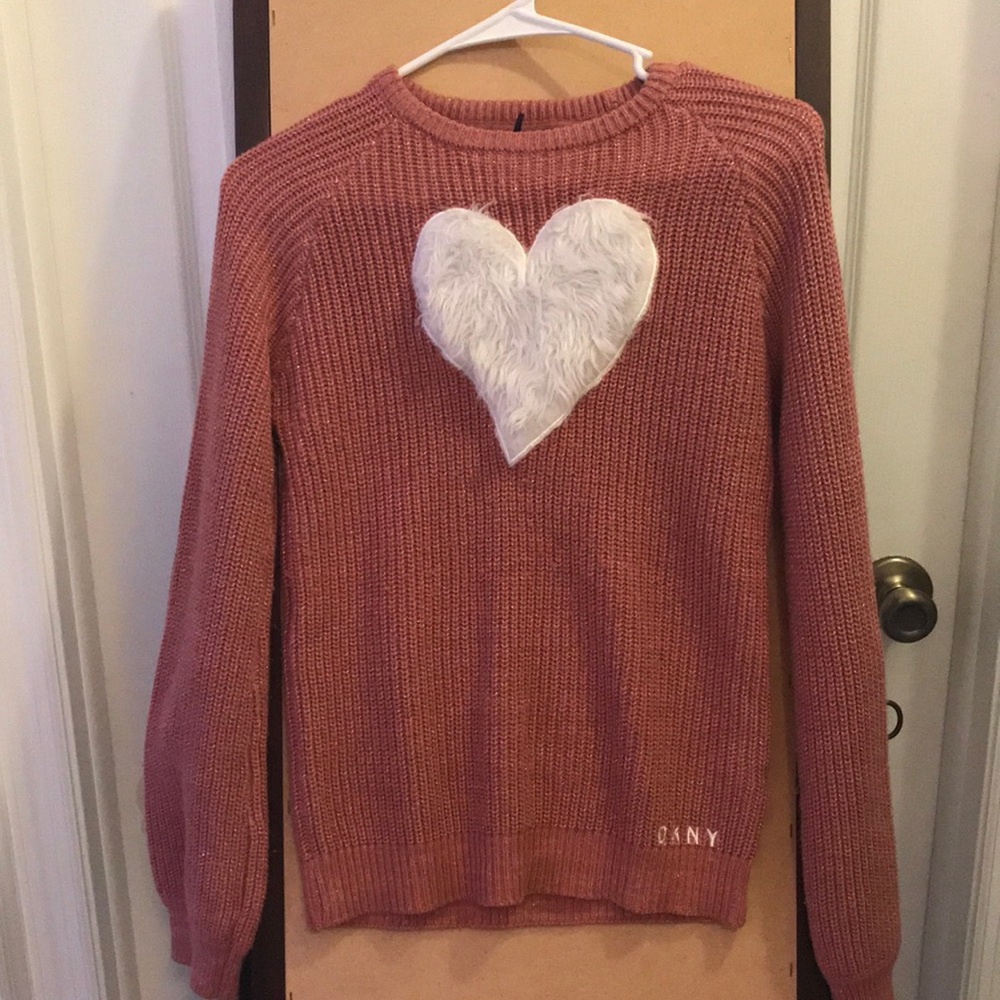 DKNY Pink fuzzy heart sweater, size XL in kid sizes.
